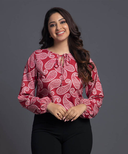 Red Long Sleeve Printed Neck Tie Top